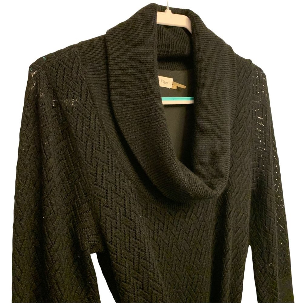 Calvin Klein Black Wool Cowl Neck Pointelle Sweater Dress Medium - Picture 7 of 12